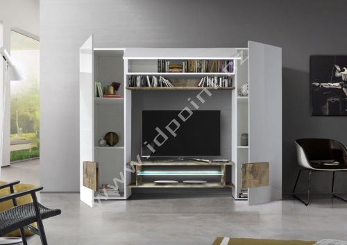 Televizní stěna Incastro-TV-L bílý lesklý lak a staré dřevo