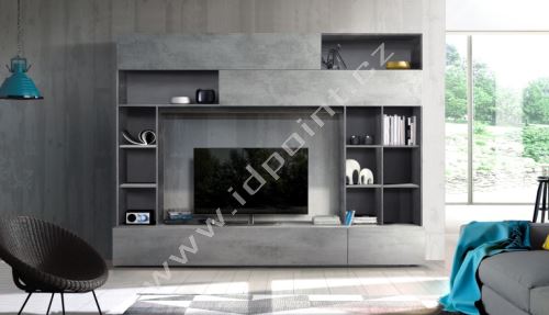 Kompaktní obývací stěna Praktiko-Wall OXI BET korpus oxidovaný kámen, čílka beton