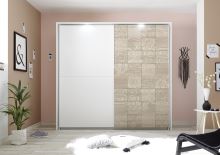 Vybavená šatní skříň s posuvnými dveřmi Xaos-SD-220 bílý mat v kombinaci s dekorem béžovým
