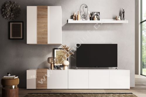 Italská moderní obývací stěna Venus-WU LBI RKA kombinace bílý lesklý lak a dub kadiz
