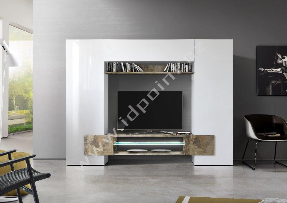 Televizní stěna Incastro-TV-L bílý lesklý lak a staré dřevo