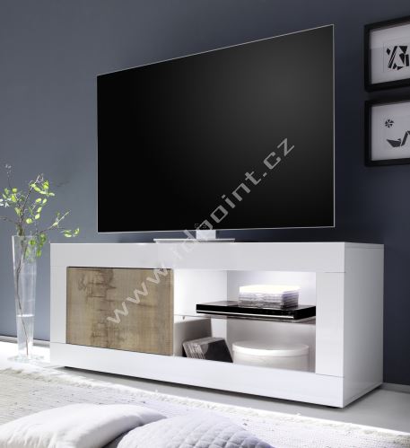 TV skříňka BasicNEW-TV-S LBI PER bílý lesklý lak v kombinaci se starým dřevem